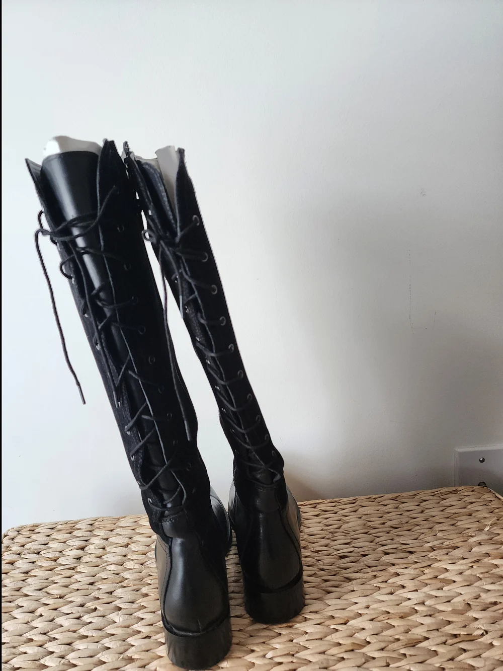 Women’s Black Lace-Up Knee-High Leather & Suede Boots (NWOT)